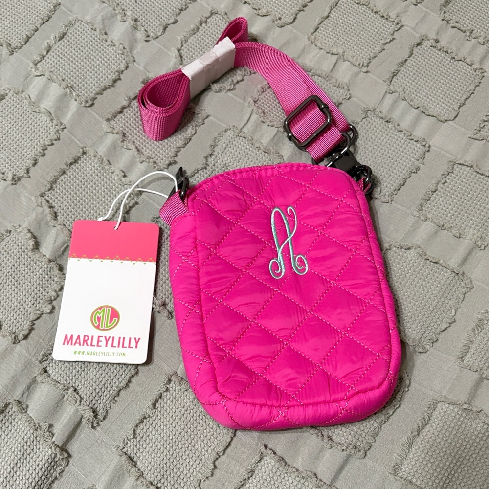 Marleylilly Pink Quilted Phone Crossbody Bag with Embroidered ‘A’ in Aqua